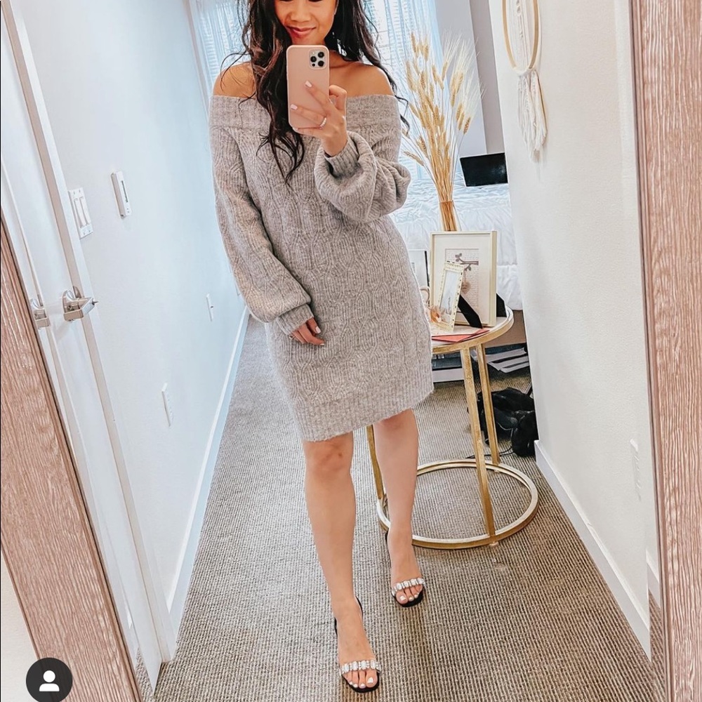 Grey Cable Knit Off-the-Shoulder Sweater Dress